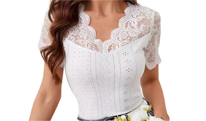 Fan-Shaped Front Back V-neck Lace Stitching Slim Fit Shor Sleeved Top