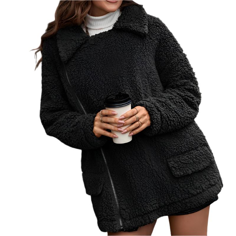 Thick Velvet Zipper Furry Collared Wool Coat