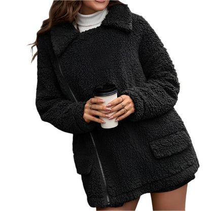Thick Velvet Zipper Furry Collared Wool Coat