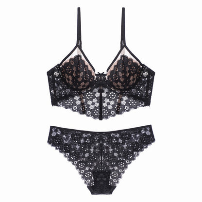 Sexy Thin Cup Braces Push-up Crocheted Lace Long Bra Set