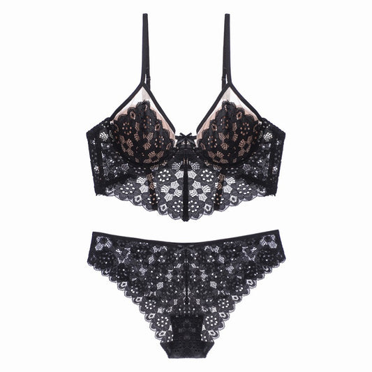 Sexy Thin Cup Braces Push-up Crocheted Lace Long Bra Set