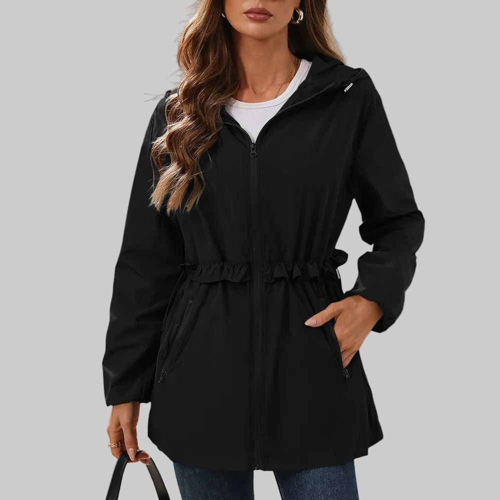 Ruffled Trim Hooded Trench Coat
