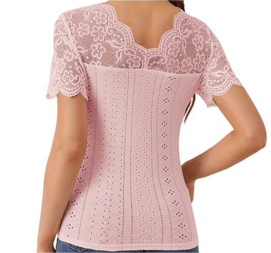 Fan-Shaped Front Back V-neck Lace Stitching Slim Fit Shor Sleeved Top
