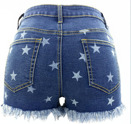 High Waist Tassel Star Print Denim Shorts