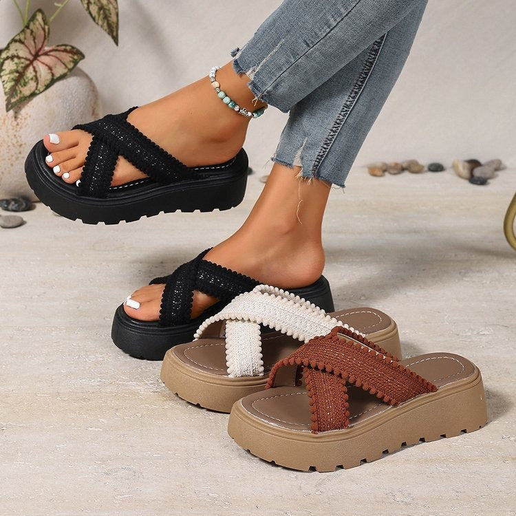 Thick Bottom Cross Strap Platform Slippers