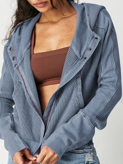 Patchwork Hooded Long Sleeve Loose Lazy Zipper Sweatshirt