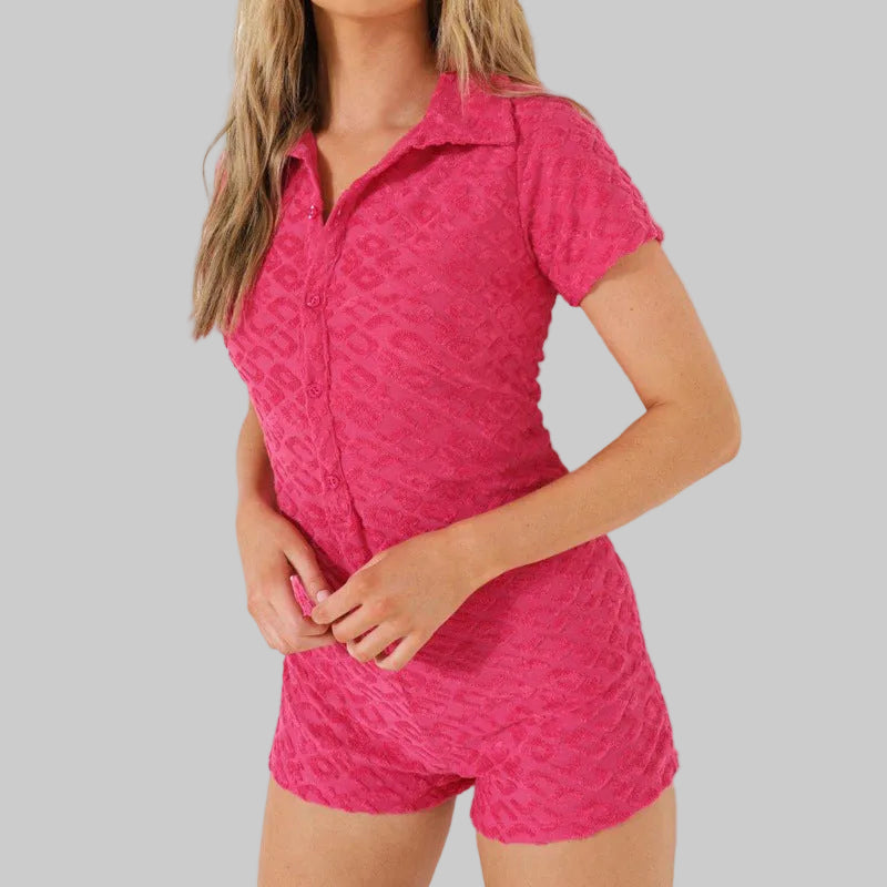 Knitted Embossed Polo Collar Romper