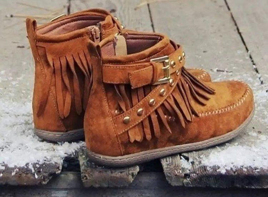 Vintage Suede Tassel Buckle Ankle Boots