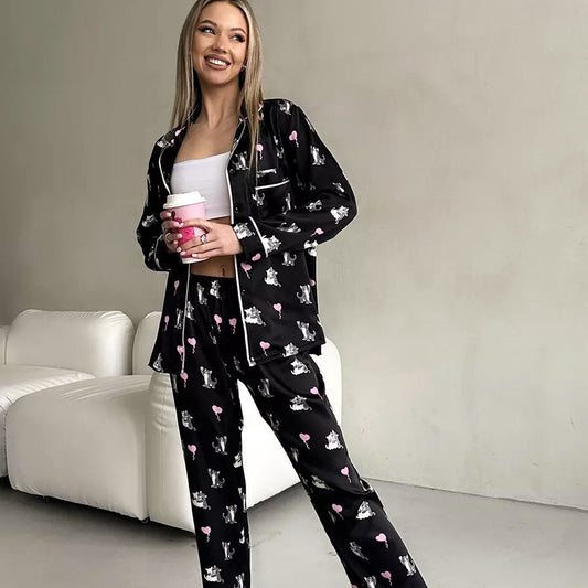 Cute Cat Print Artificial Silk Pajamas Set