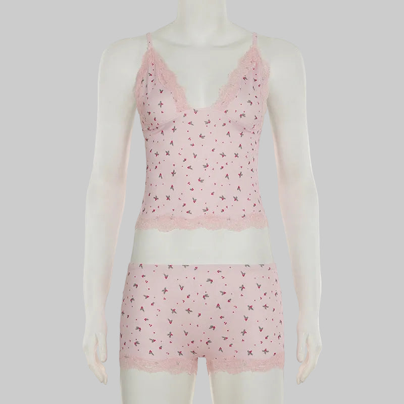 Sexy Camisole Floral Lace Shorts Pajamas Two Piece Set