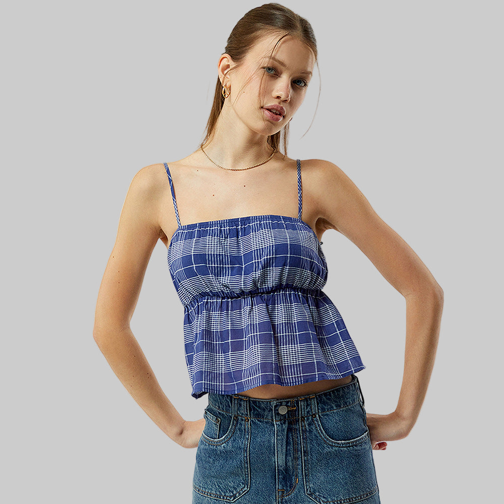 Striped Plaid Pleated Sling Top