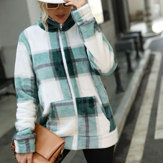 Long Sleeve Stand Collar Plaid Zip Gold Mink Velvet Coat