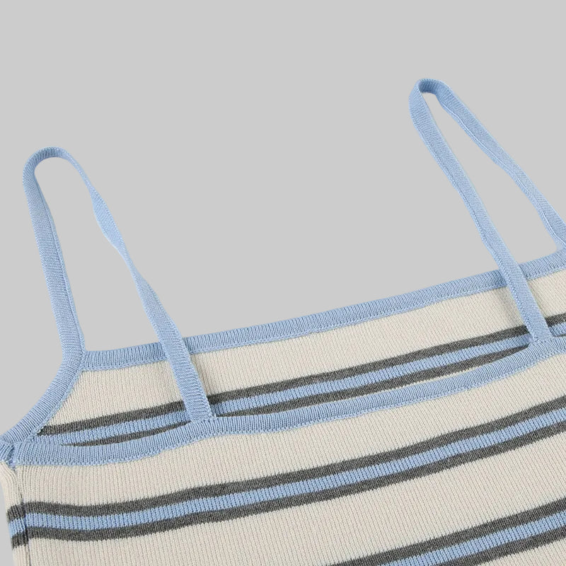 Casual Vacation Knitted Crop Top Striped Skirt Set