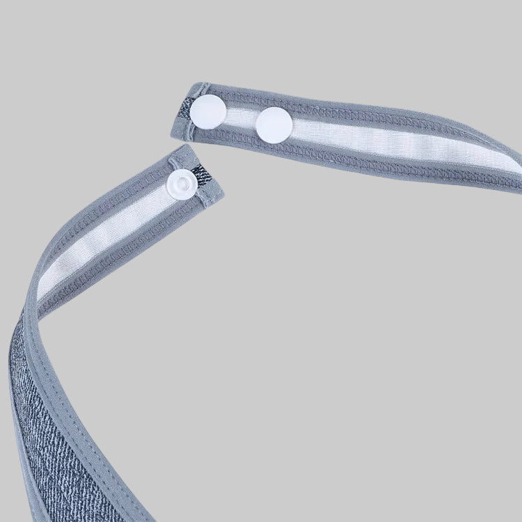 A close-up of a gray adjustable strap with two white snap buttons, shown on a plain white background.