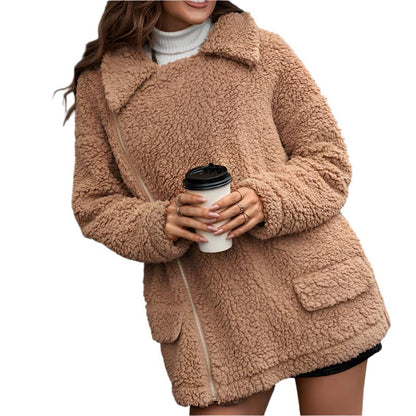 Thick Velvet Zipper Furry Collared Wool Coat