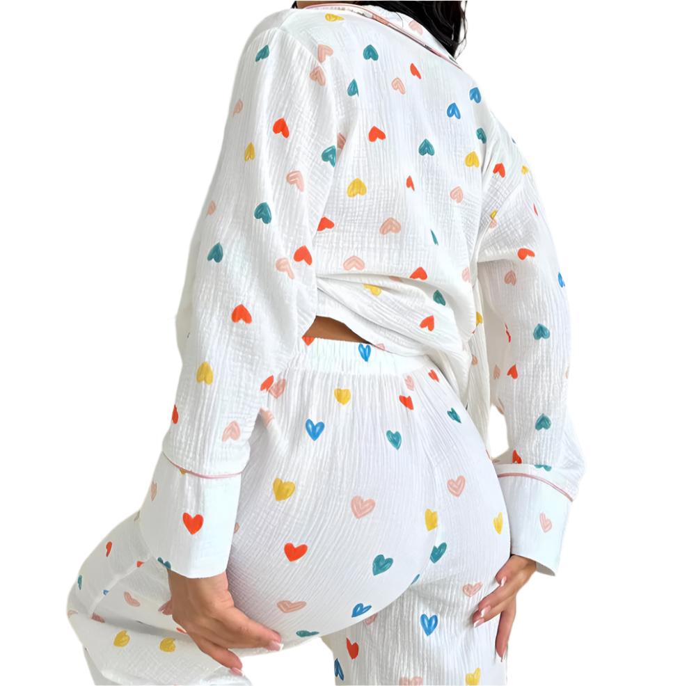 Heart Printed Long Sleeved Two-Piece Pajamas Set