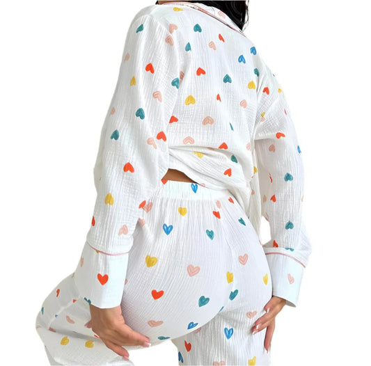 Heart Printed Long Sleeved Two-Piece Pajamas Set