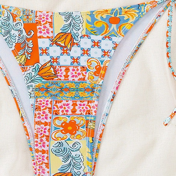 Triangle Cup Print Lace-up Bikini