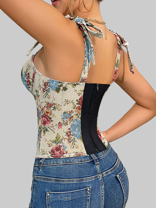 Cotton Linen Printed Camisole Boning Corset Top