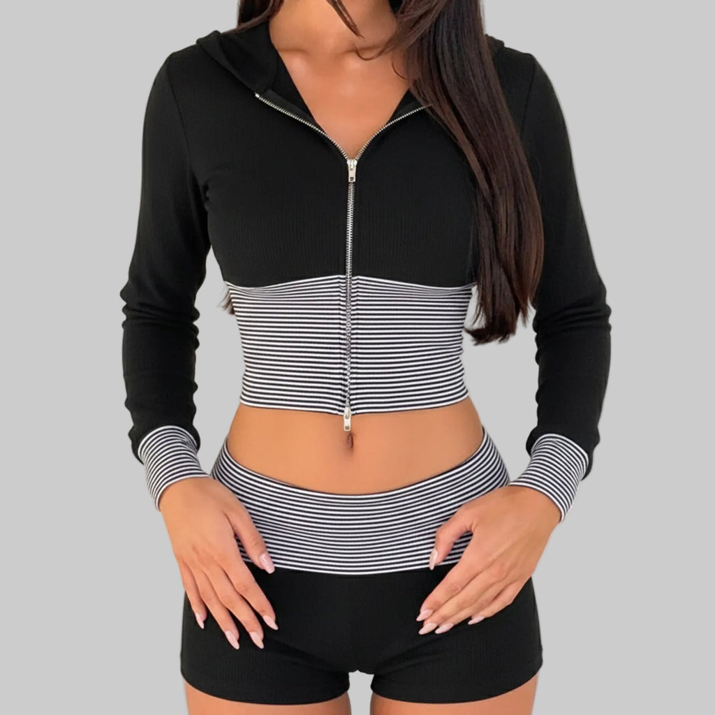 Striped Contrast Color Zipper Hooded Top Shorts Two Piece Set