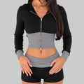 Striped Contrast Color Zipper Hooded Top Shorts Two Piece Set