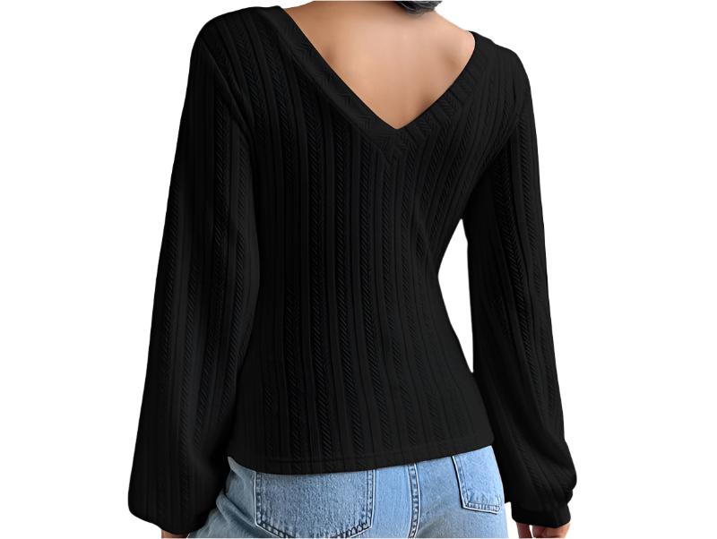 V-neck Puff Sleeve Knitted Long Sleeved Top