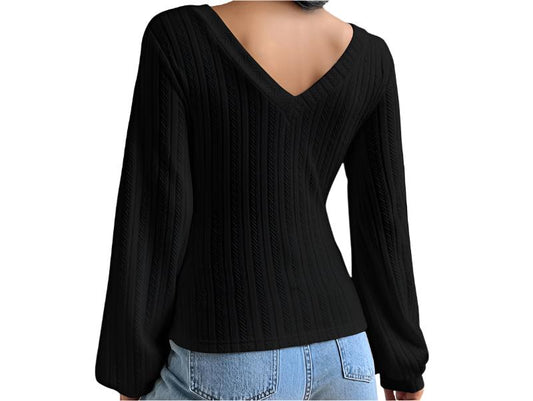 V-neck Puff Sleeve Knitted Long Sleeved Top