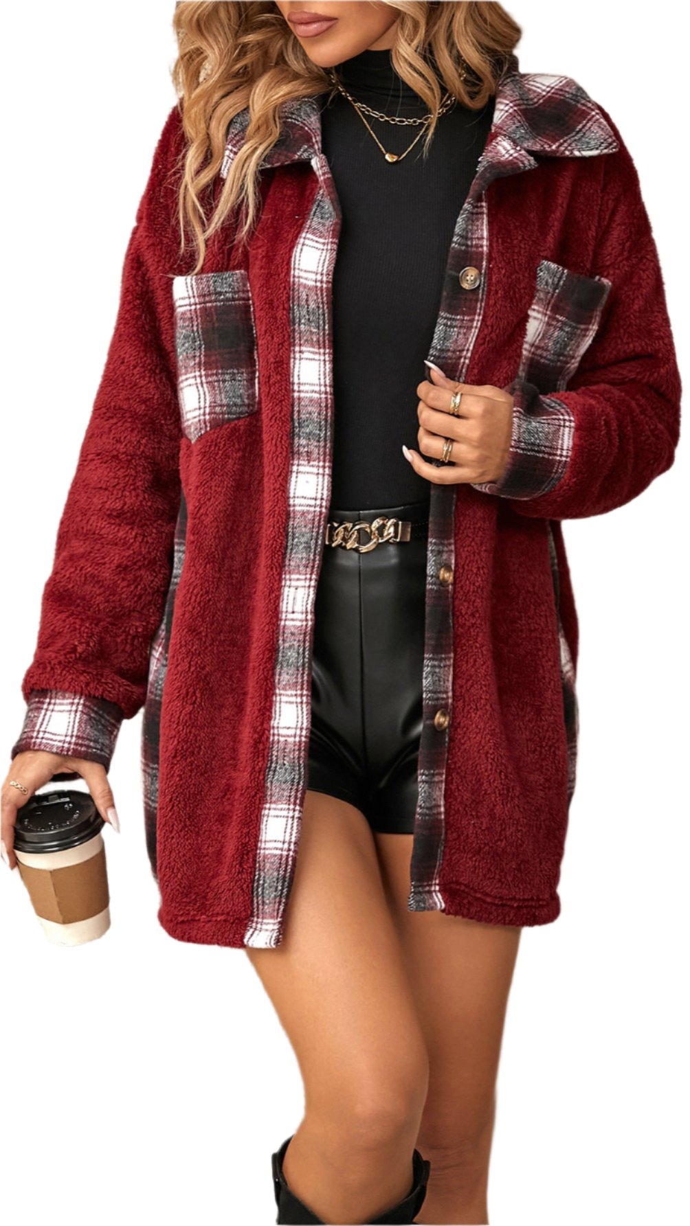Single-Breasted Collared Mid-Length Plaid Plush Coat