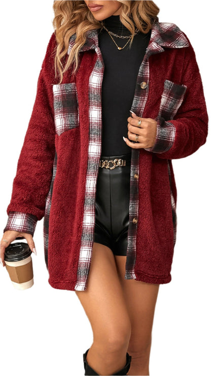 Single-Breasted Collared Mid-Length Plaid Plush Coat