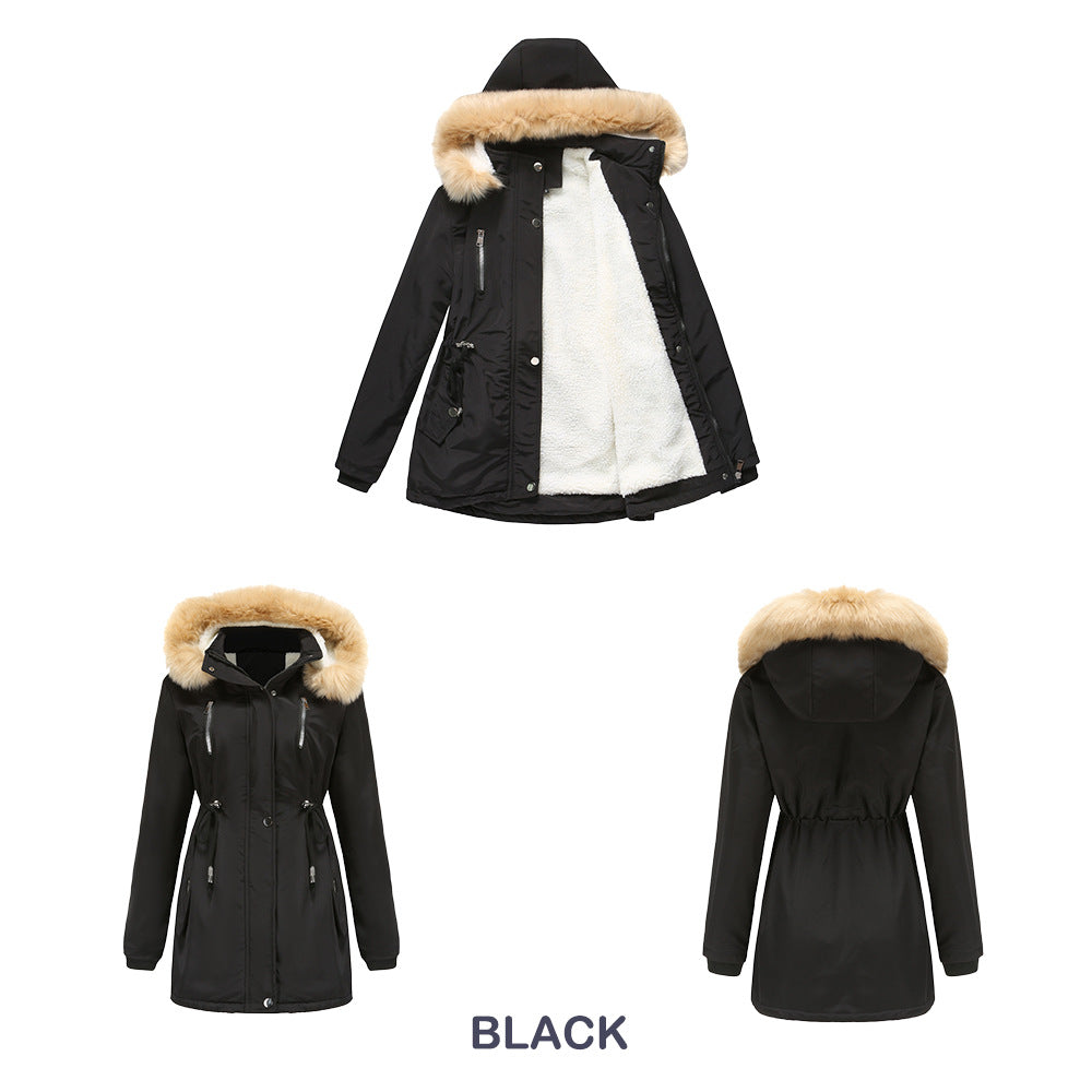 Thick Lambskin Cotton Detachable Fur Hoodie Fleece Padded Coat