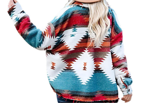 Aztec Retro Ethnic Geometric Abstract Printed Woolen Coat