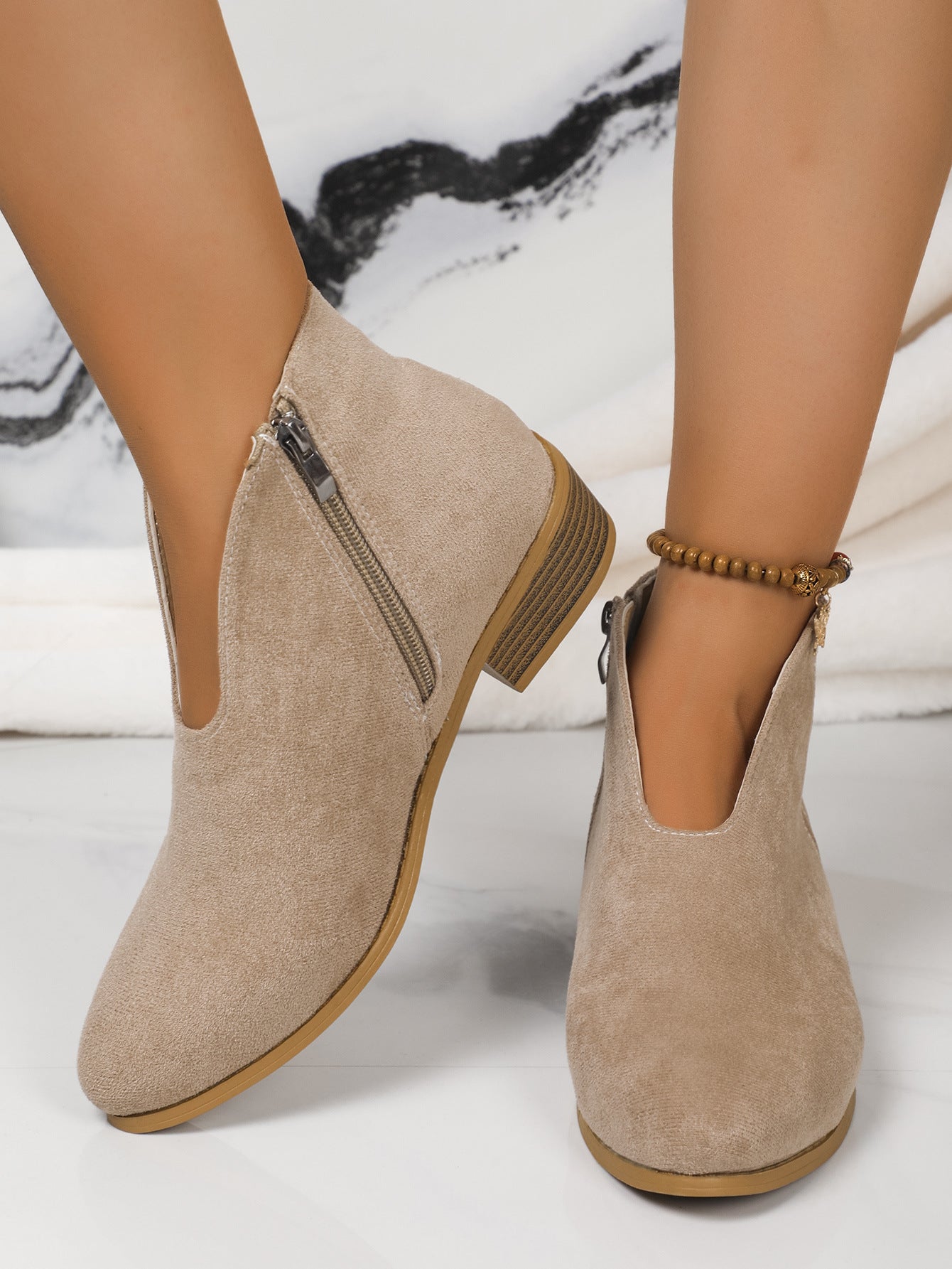 Side Zipper Round Toe V-Cut Suede Ankle Boots