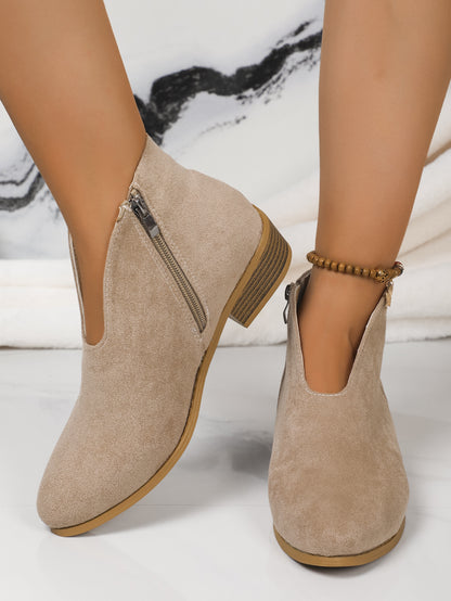 Side Zipper Round Toe V-Cut Suede Ankle Boots