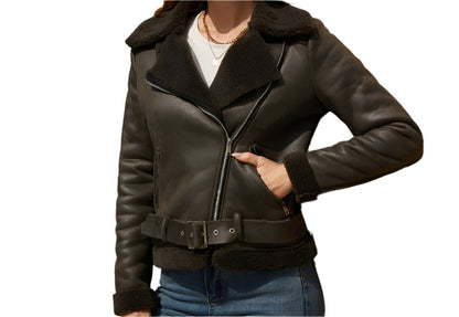 Faux Shearling Suede Leather Belt Turn down Collar Coat