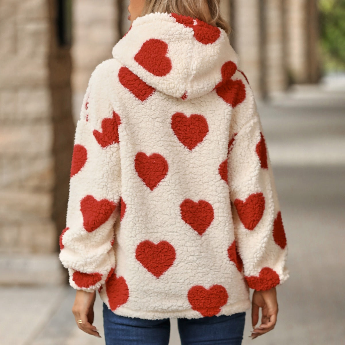 Plush Hooded Love Printed Pullover Sweater