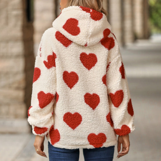 Plush Hooded Love Printed Pullover Sweater