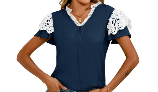V-neck Lace Short Sleeves Top