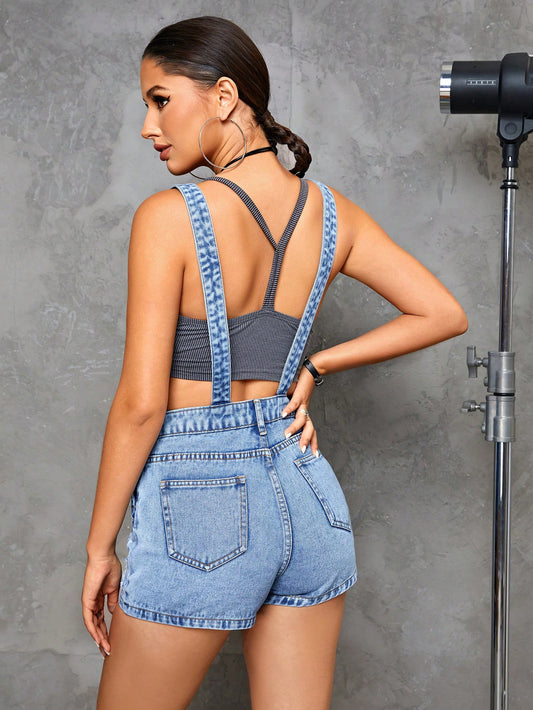 Street Denim Suspenders Romper