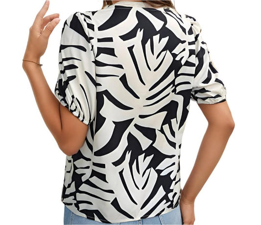 Short Sleeve V-neck Printed Blouse