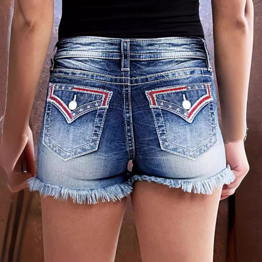 Embroidered Frayed Denim Shorts