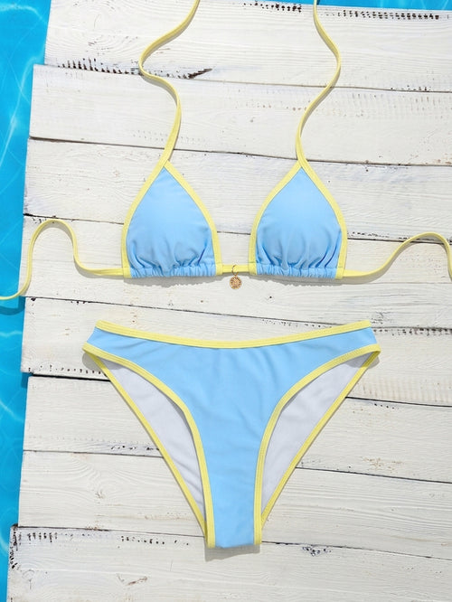 Contrast Color Embellished Triangle Bikini