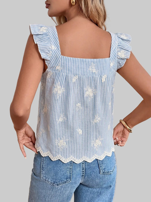 Fresh Pastoral Striped Embroidered Flounced Sleeve Square Collar Top