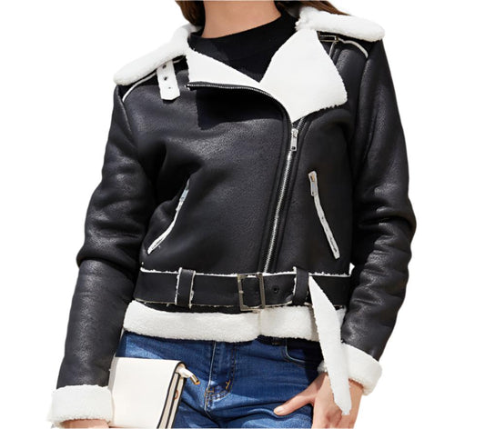 Faux Shearling Suede Leather Belt Turn down Collar Coat
