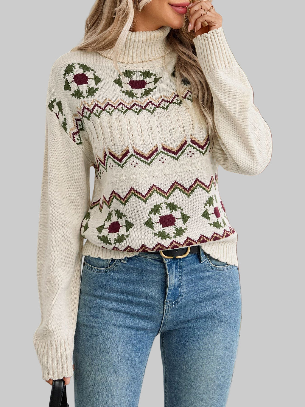 Ethnic Pattern Turtleneck Knitted Jacquard Pullover Sweater