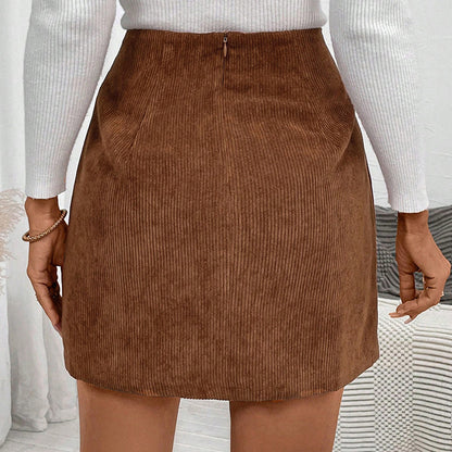 Elegant Intellectual Corduroy High Waist Slimming Front Irregular Asymmetric A-Line Skirt
