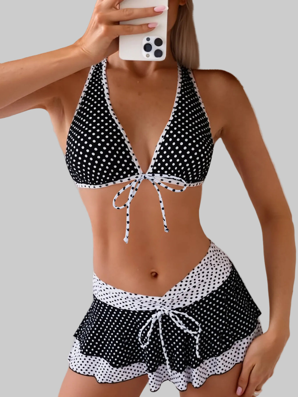 Bikini Polka Dot Printed Lace-up Sexy Belt Overskirt Three Piece Set - Tamra.Shop.Social