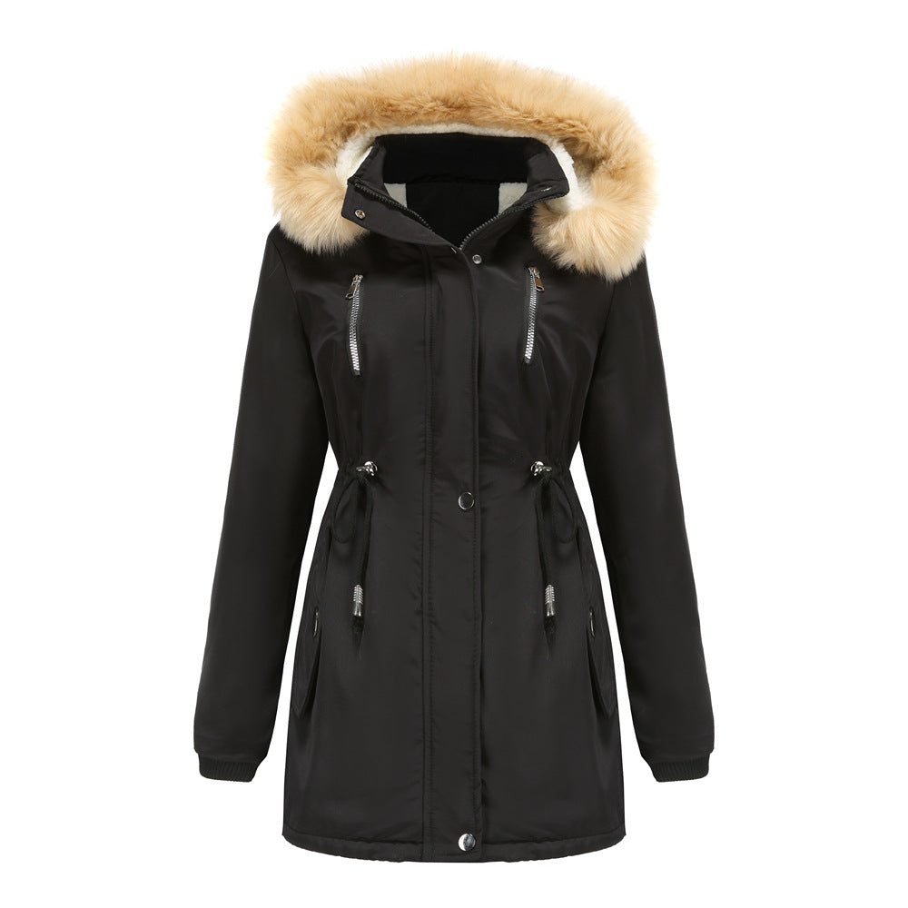 Thick Lambskin Cotton Detachable Fur Hoodie Fleece Padded Coat
