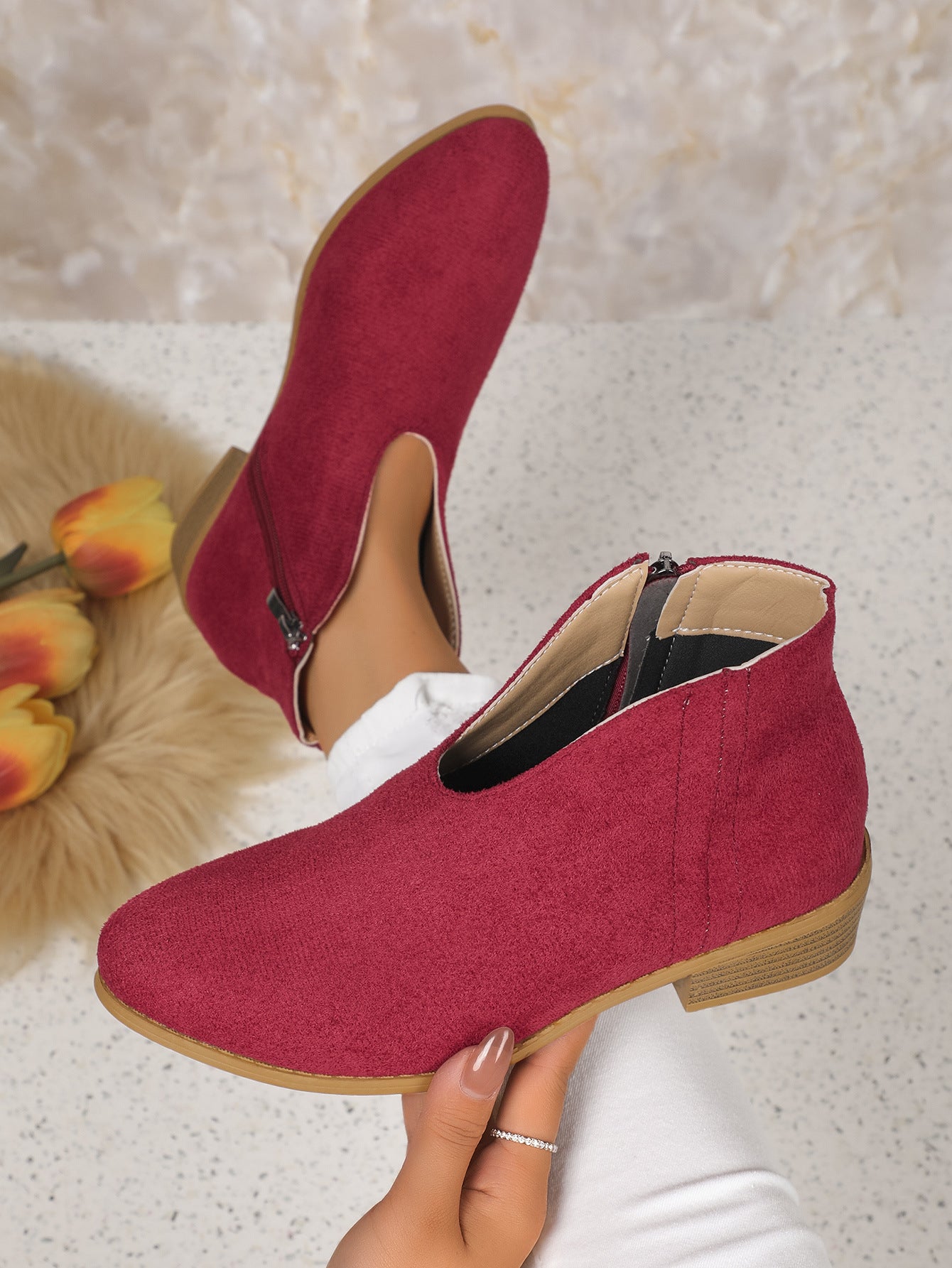 Side Zipper Round Toe V-Cut Suede Ankle Boots