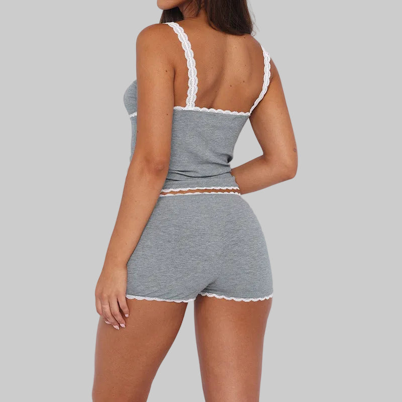 Lace Spaghetti Strap Contrast Color Shorts Set