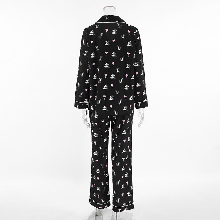 Cute Cat Print Artificial Silk Pajamas Set